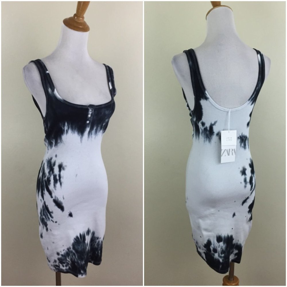 NWT ZARA Dark Blue White Tie Dye Print Scoop Neck Ribbed Cotton Stretch Dress